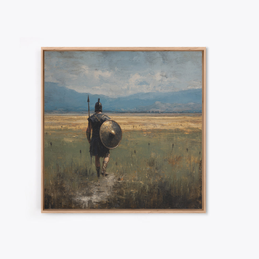 Lone Hoplite Crossing Golden Plains Wall Art, Ancient Greek Landscape Oil Painting, Historical Decor, Masculine Art Print