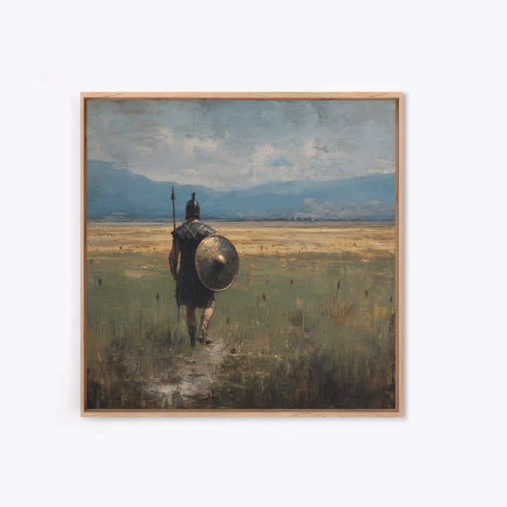 Lone Hoplite Crossing Golden Plains Wall Art, Ancient Greek Landscape Oil Painting, Historical Decor, Masculine Art Print