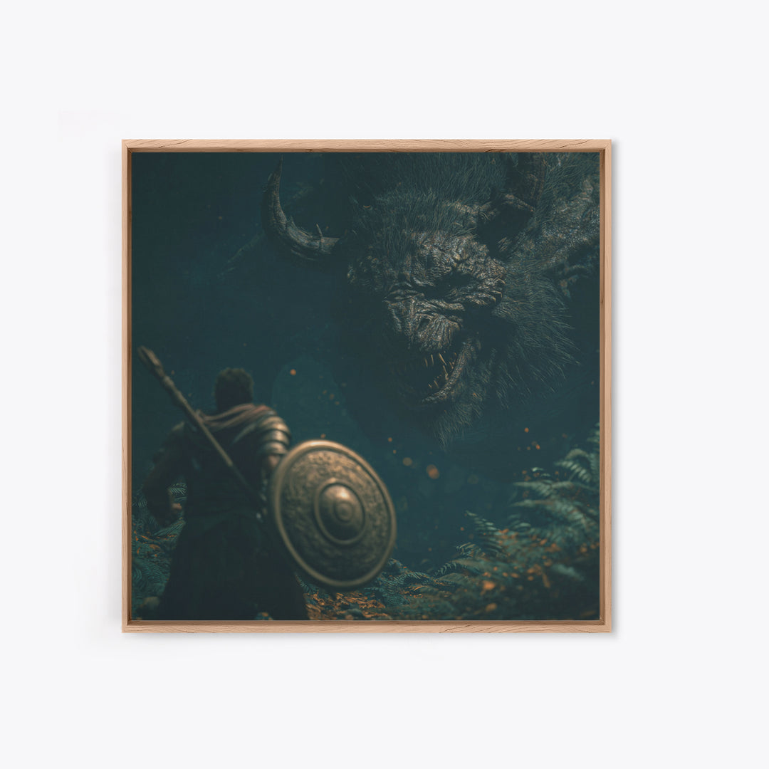Hero Facing Giant Mythic Beast In Dark Forest Canvas Print, Fantasy Wall Art, Monster Art, Gothic Decor, Gift For Him, Dark Art