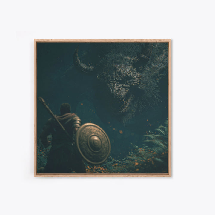 Hero Facing Giant Mythic Beast In Dark Forest Canvas Print, Fantasy Wall Art, Monster Art, Gothic Decor, Gift For Him, Dark Art