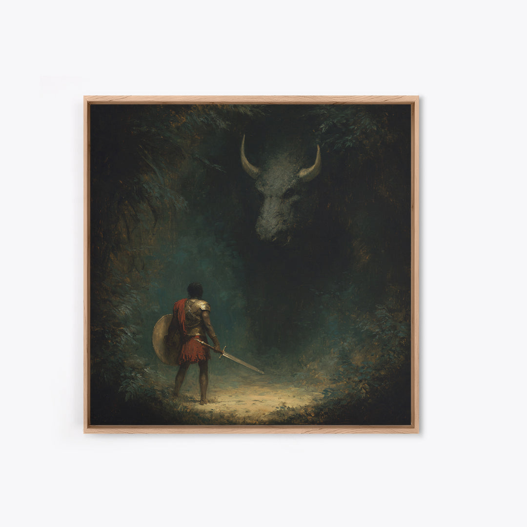 Hero Facing Shadow Minotaur In Dark Forest Framed Canvas Print, Mythological Fantasy Art, Moody Wall Decor, Gothic Art Gift