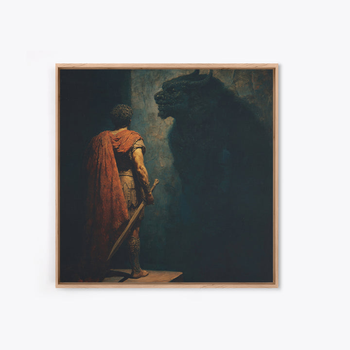 Hero Facing Minotaur In Shadows Canvas Print, Dark Mythology Wall Art, Ancient Greek Fantasy Decor, Dramatic Fine Art Print