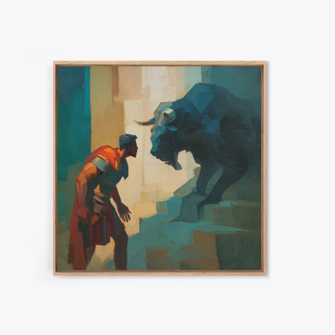 Brave Roman Facing Black Bull Wall Art, Mythological Animal Painting, Bold Modern Canvas For Masculine Office Decor Gift