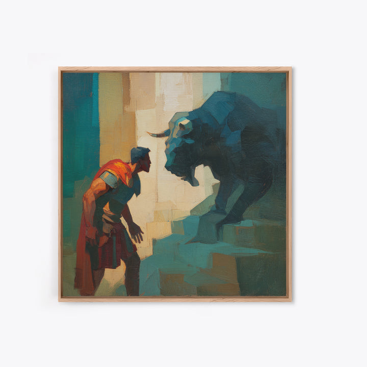 Brave Roman Facing Black Bull Wall Art, Mythological Animal Painting, Bold Modern Canvas For Masculine Office Decor Gift
