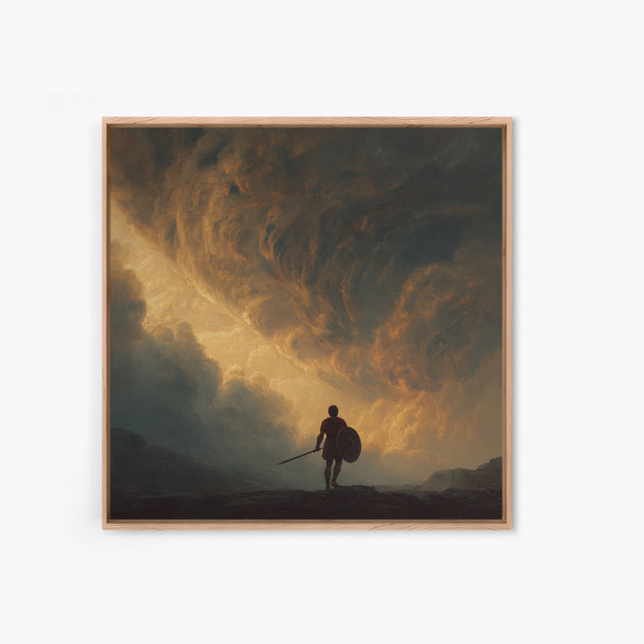 Warrior Beneath Golden Storm Clouds Canvas Print, Epic Fantasy Landscape Painting, Dramatic Wall Decor For Men, Living Room Decor
