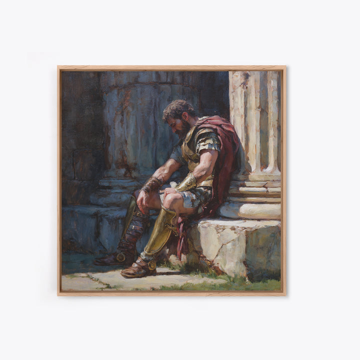 Weary Roman Soldier Resting Beside Columns Framed Canvas Print, Classical Portrait Art, Historical Wall Decor, Gift For Him
