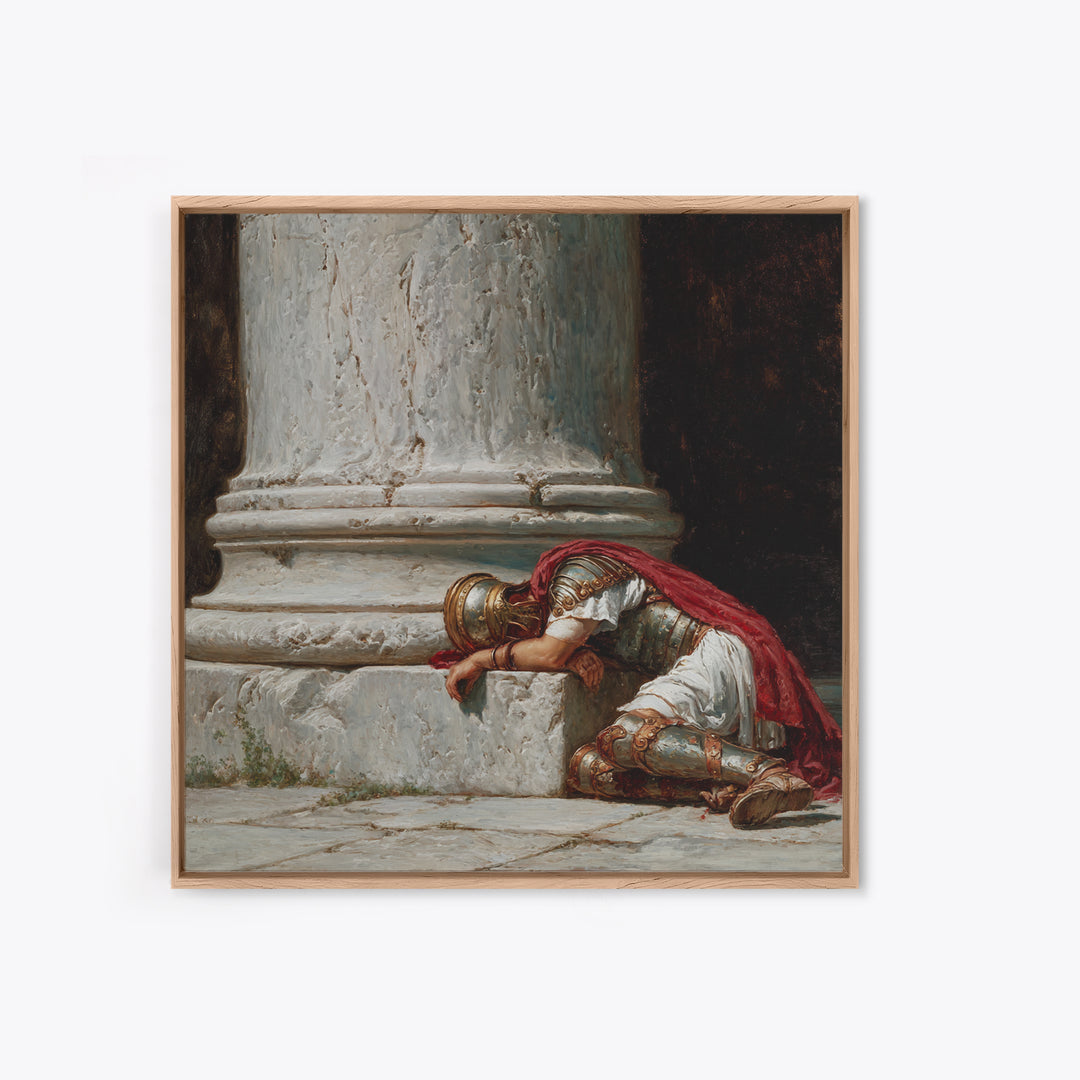 Fallen Roman Soldier Beside Marble Column, Classical Framed Canvas Print, Historical Wall Art, Ancient Rome Decor, Museum Style