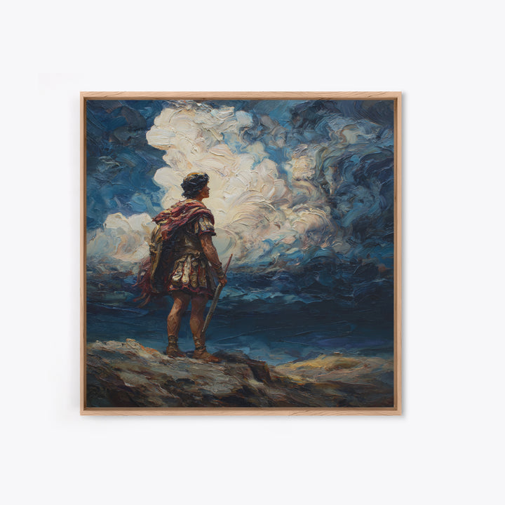 Roman Warrior Under Storm Clouds Framed Canvas Print, Dramatic Mythological Art, Dark Academia Office Decor Gift For Him
