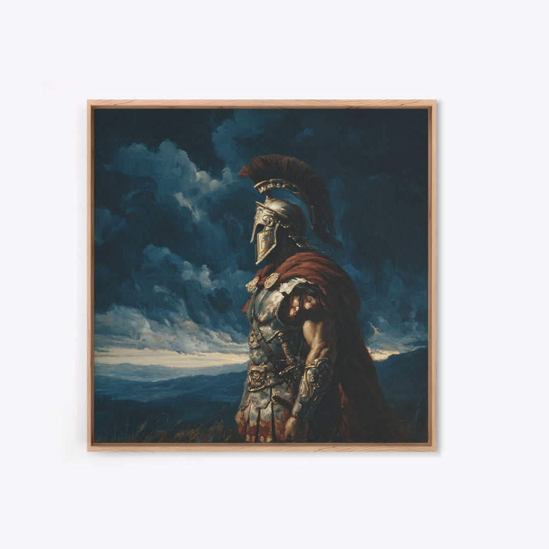 Stoic Roman Warrior Under Storm Clouds Framed Canvas Print, Mythological Art, Dark Academia Decor, Masculine Office Wall Art