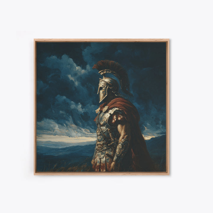 Stoic Roman Warrior Under Storm Clouds Framed Canvas Print, Mythological Art, Dark Academia Decor, Masculine Office Wall Art