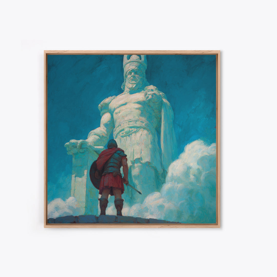 Hero Before Colossal Ancient Statue Framed Canvas Print, Fantasy Wall Art, Mythological Art, Blue Wall Decor, Gift For Him