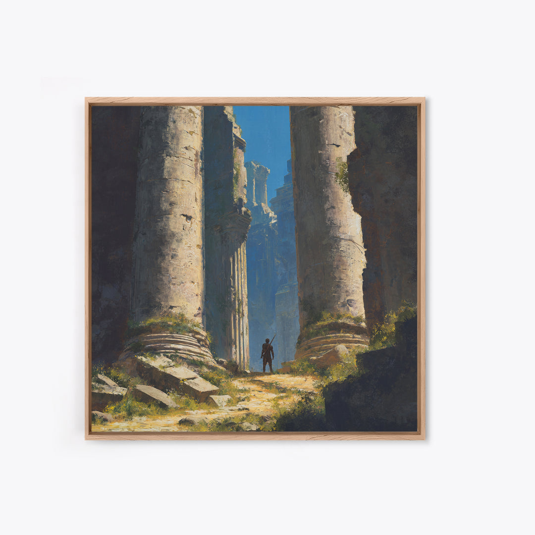 Lone Explorer In Ancient Ruins Wall Art, Fantasy Temple Landscape Painting, Dramatic Architecture Decor, Adventure Gift Idea