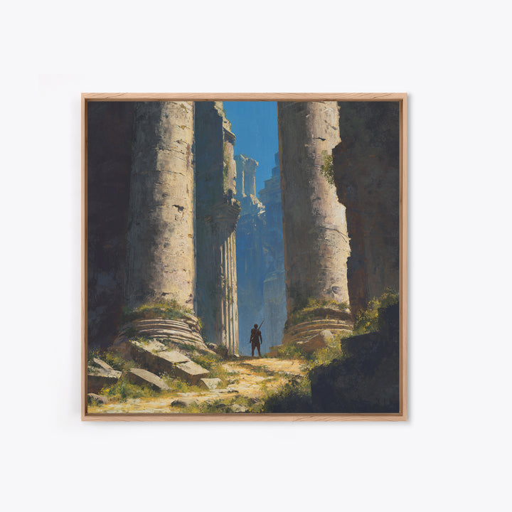 Lone Explorer In Ancient Ruins Wall Art, Fantasy Temple Landscape Painting, Dramatic Architecture Decor, Adventure Gift Idea