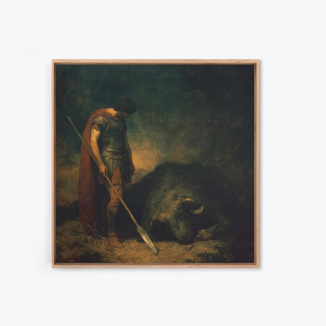 Heroic Spearman Beside Fallen Beast Wall Art, Mythological Warrior Oil Painting, Dark Fantasy Fine Art Print Living Room Decor