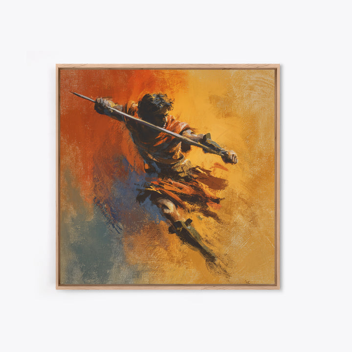 Dynamic Spear Warrior In Orange Canvas Print, Abstract Battle Figure Wall Art, Bold Fantasy Decor, Energetic Statement Art