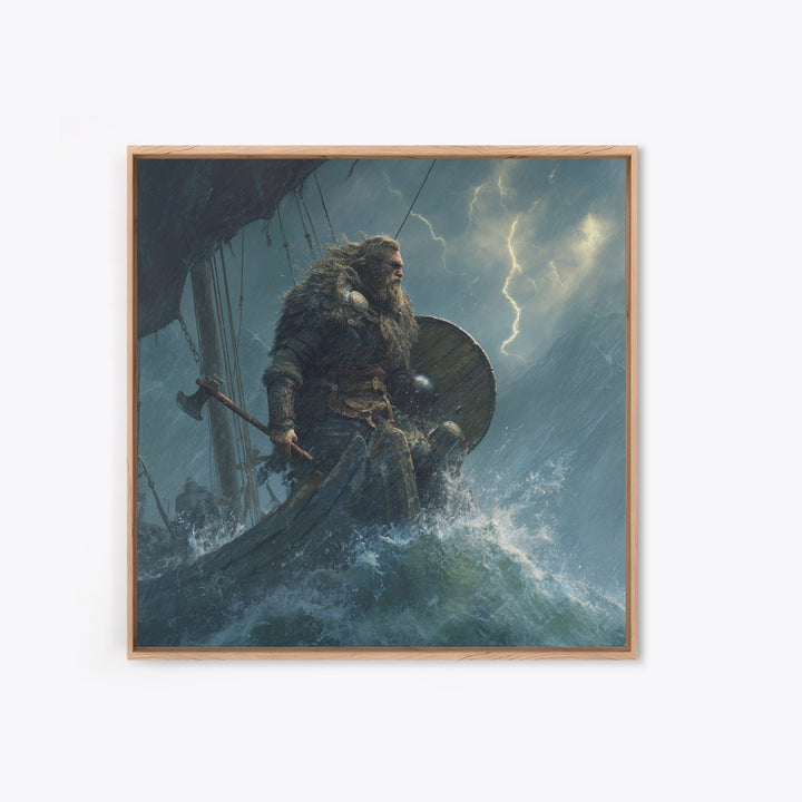 Viking Warrior In Stormy Seas Framed Canvas Print, Norse Mythology Wall Art, Dark Nautical Decor, Gift For Him, Masculine Office Art