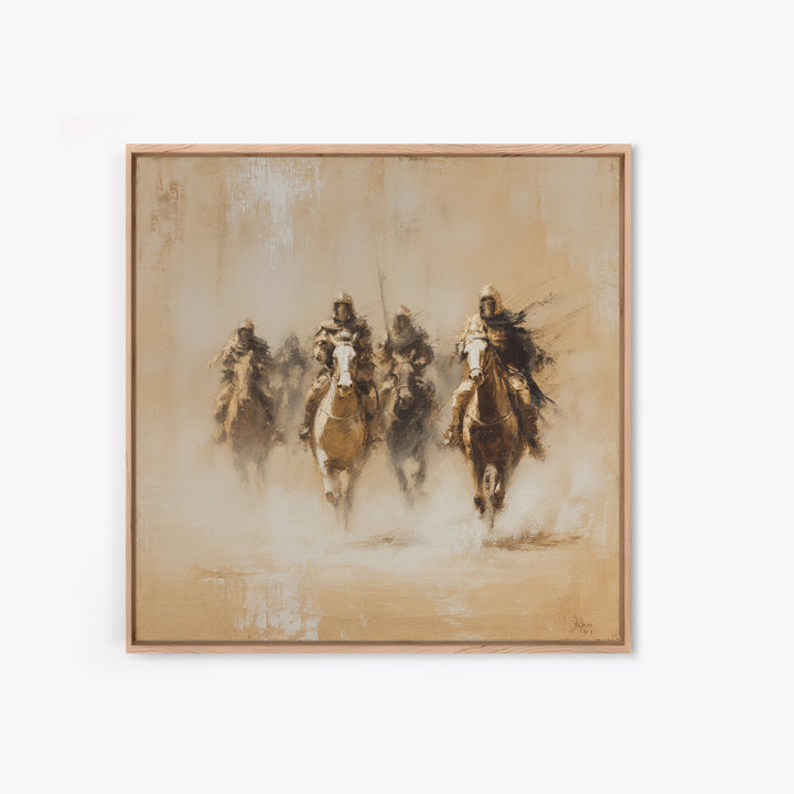 Four Dusty Medieval Horsemen Large Wall Art, Neutral Cavalry Painting, Rustic Western Canvas For Living Room And Office Decor Gift