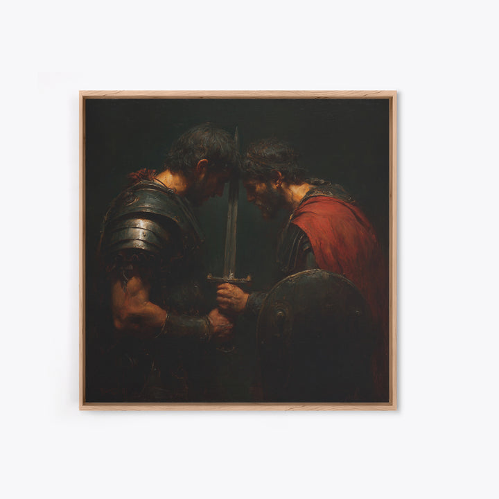 Two Armored Warriors With Sword, Dark Medieval Framed Canvas Print, Masculine Office Decor, Historical Wall Art, Gift For Him