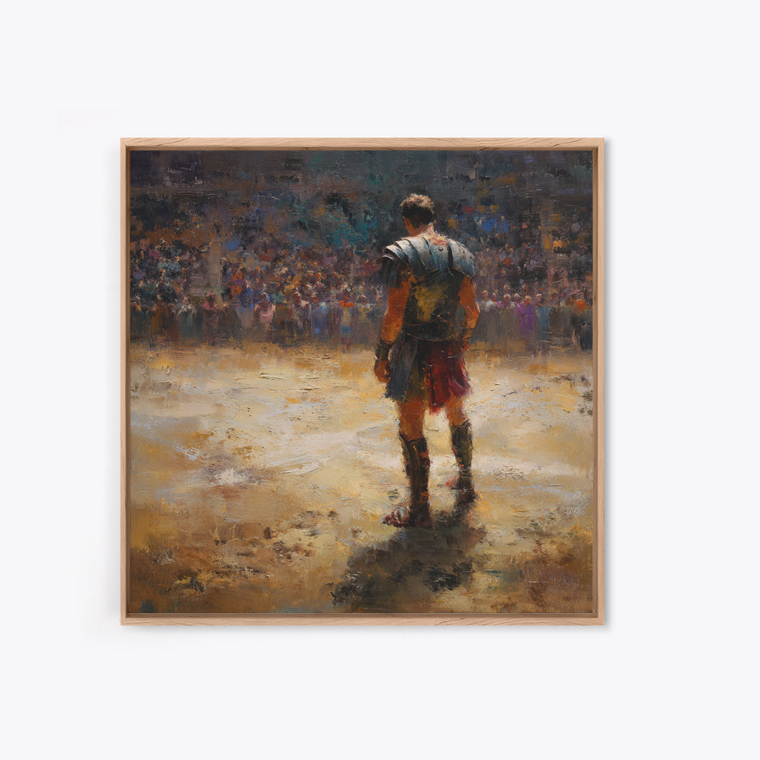 Lone Gladiator In Arena Spotlight Canvas Print, Roman Colosseum Wall Art, Historical Oil Painting, Masculine Office Decor