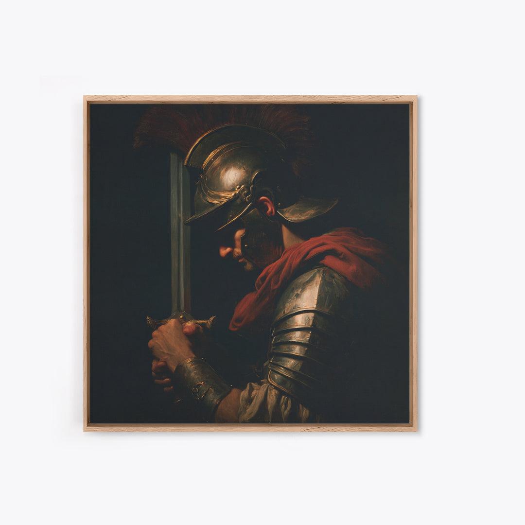 Roman Warrior With Sword And Bronze Helmet Framed Canvas Print, Dark Academia Wall Art, Mythological Art, Gift For Him, Decor