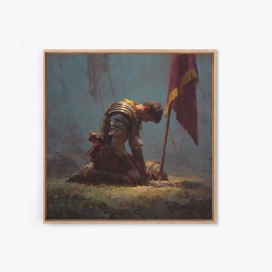 Kneeling Knight With Battle Standard Framed Canvas Print, Medieval Warrior Oil Painting, Dark Academia Wall Decor, Gift For Him