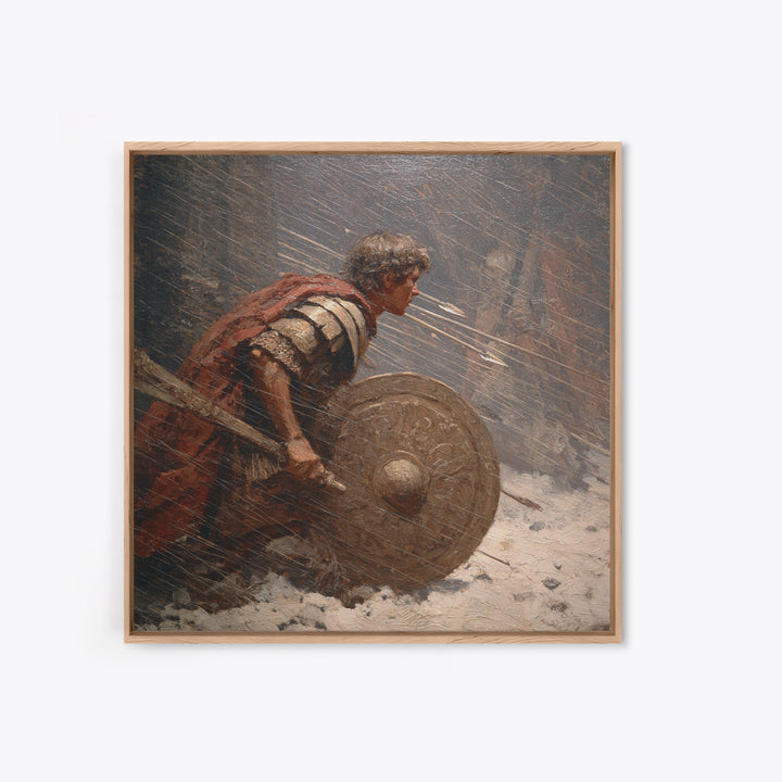 Roman Warrior Under Arrow Fire Wall Art, Snow Battle Shield Painting, Historical Canvas Print For Masculine Office Decor