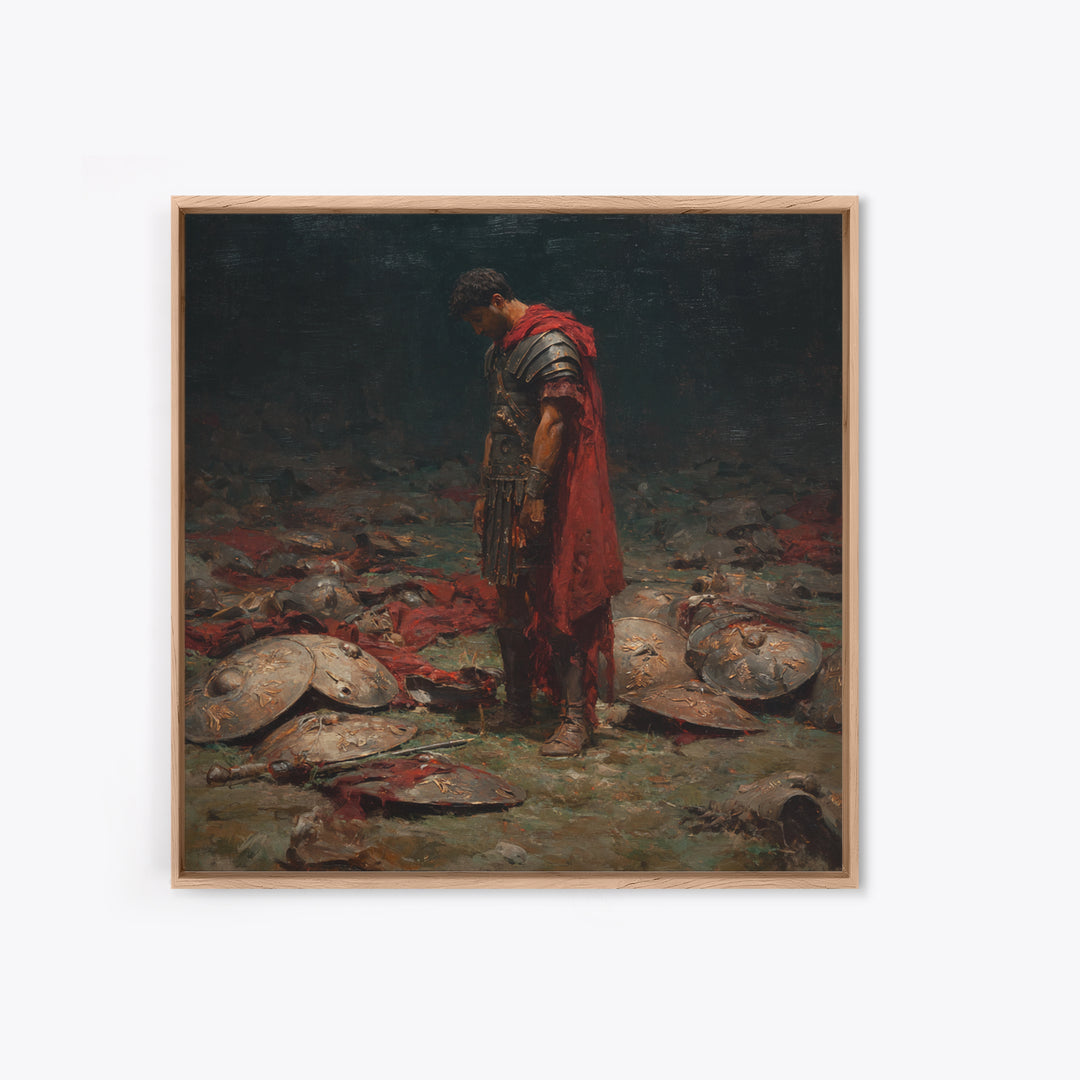 Defeated Roman Soldier Among Shields Framed Canvas Print, Somber Historical Oil Painting, Dark Academia Wall Art Decor Gift