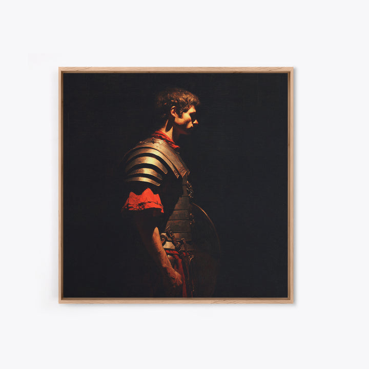 Roman Warrior In Shadow Wall Art, Dark Academia Soldier Portrait, Classical Armor Oil Painting For Masculine Office Decor