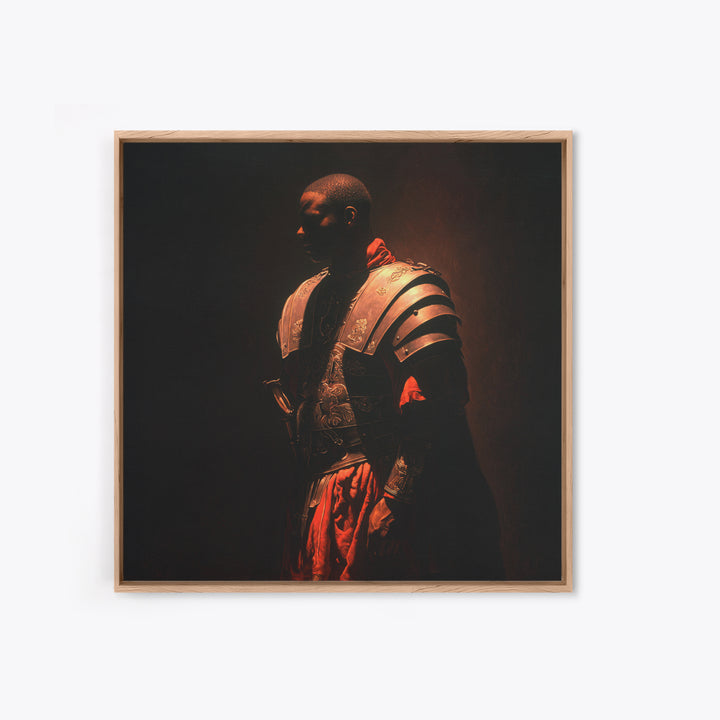 Black Knight In Ornate Armor Wall Art, Moody Warrior Portrait, Dark Academia Framed Canvas Print, Masculine Office Decor
