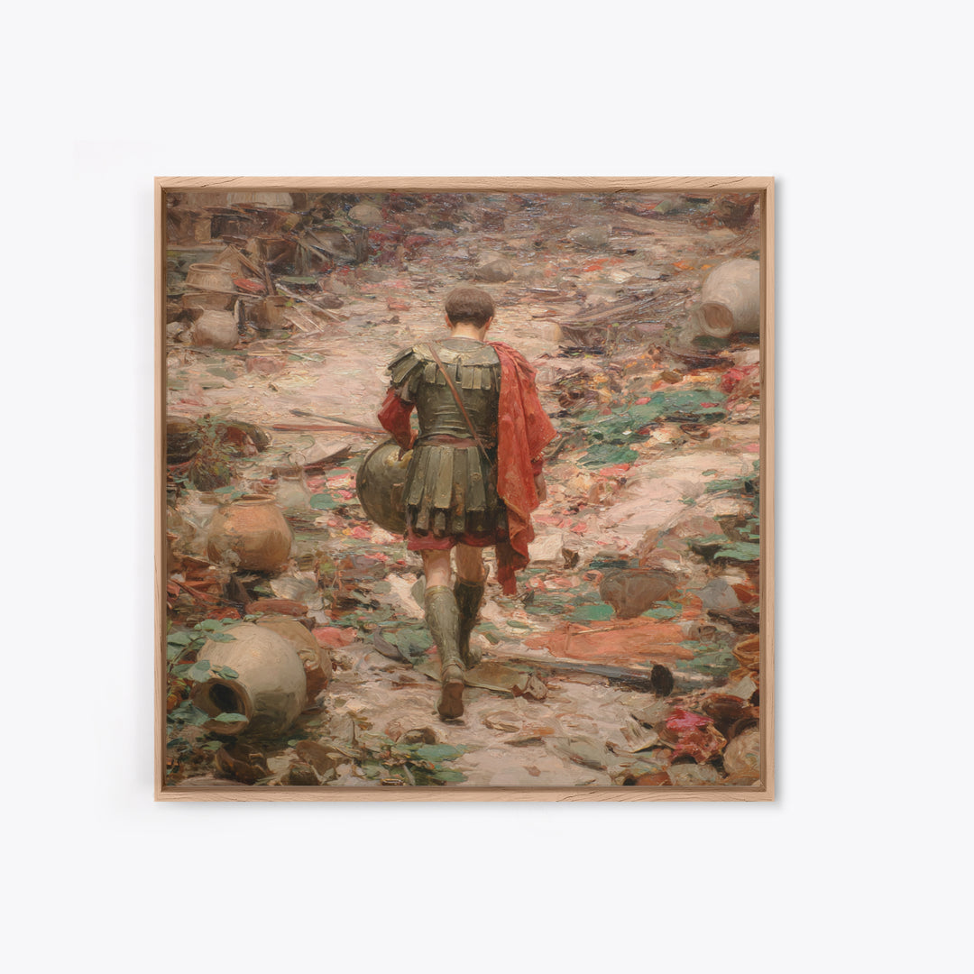 Roman Soldier In Ruined Battlefield Wall Art, Ancient Warrior Oil Painting, Classical History Decor, Dark Academia Gift Print