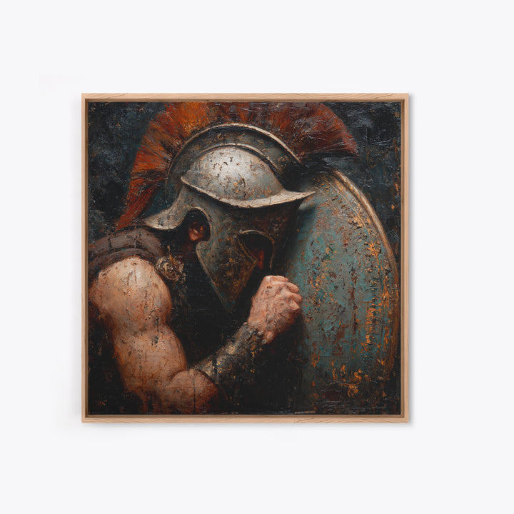 Dark Spartan Helmet And Shield Wall Art, Ancient Warrior Oil Painting, Greek Soldier Decor, Masculine Office, Gift For Him