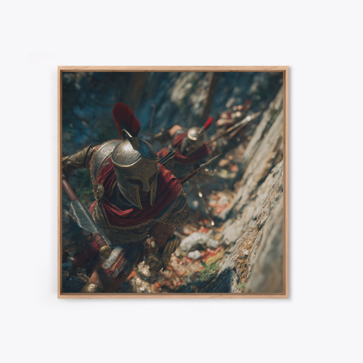 Spartan Warriors Climbing Rocky Pass Framed Canvas Print, Ancient Greek Wall Art, Roman Soldier Decor, History Gift, Fine Art