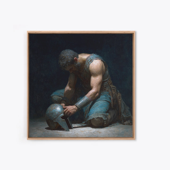 Kneeling Gladiator Holding Helmet Framed Canvas Print, Roman Warrior Oil Painting, Dark Masculine Wall Art For Office Decor
