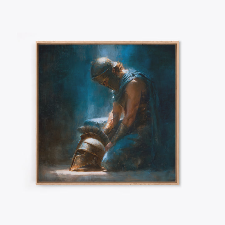 Kneeling Warrior With Bronze Helmet Framed Canvas Print, Dark Roman Oil Painting, Moody Masculine Office Wall Art Decor Gift