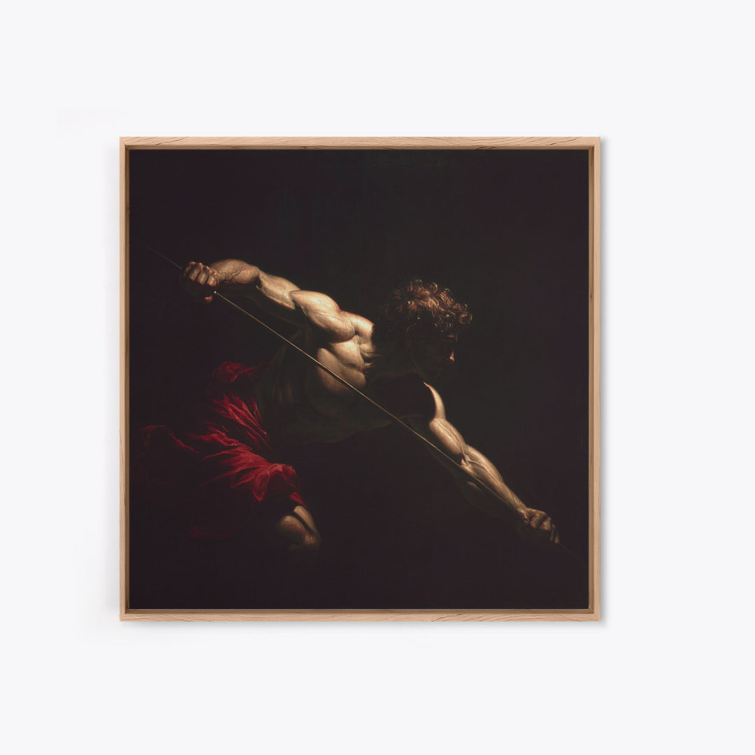 Muscular Archer In Dramatic Shadow, Baroque Framed Canvas Print, Classical Figure Wall Art, Dark Academia Decor, Gift For Him