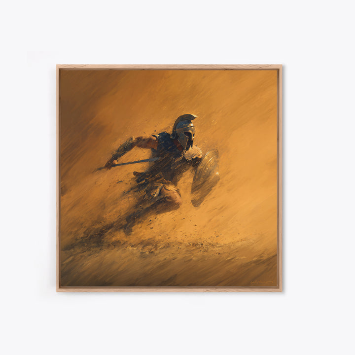 Spartan Warrior Charging Through Sandstorm Canvas Print, Greek Wall Art, Action Painting, Warm Orange Decor, Gift For Him