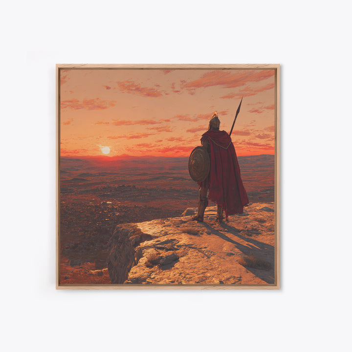 Ancient Warrior At Sunset Over Valley Canvas Print, Spartan Wall Art, Historical Landscape, Masculine Office Decor Gift Idea