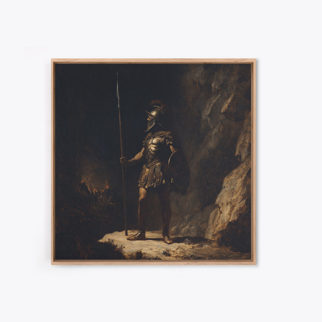 Ancient Spearman Guard In Dark Cave Canvas Print, Historical Classical Warrior Art, Moody Wall Decor, Masculine Office Decor