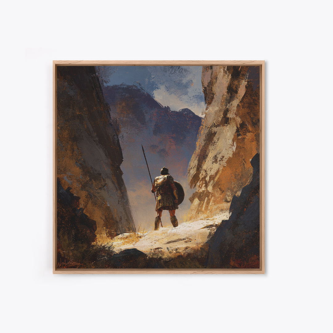 Solitary Spear Warrior In Sunlit Canyon Canvas Print, Ancient Greek Art, Southwestern Wall Art, Rustic Home Decor, Gift For Him