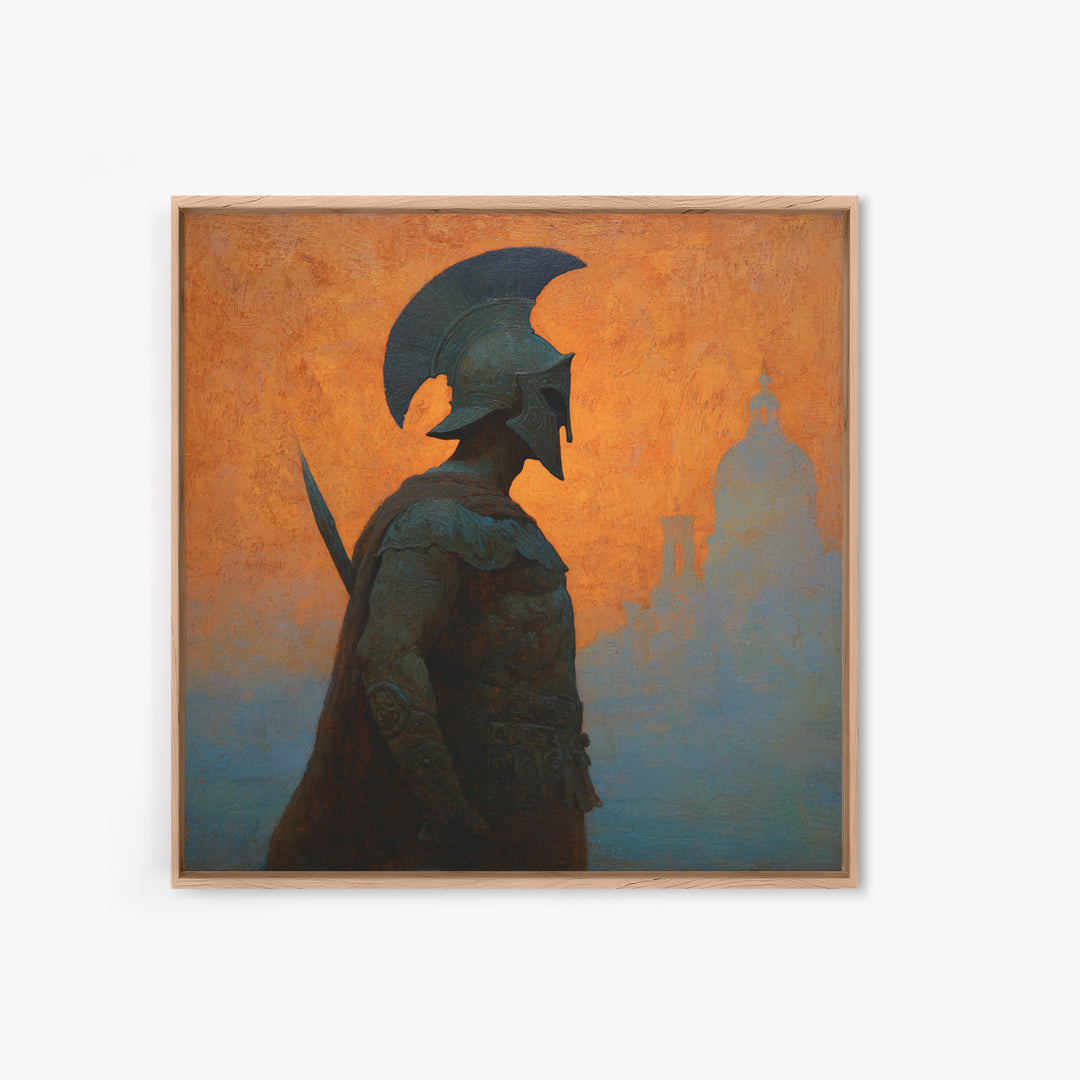 Spartan Warrior Silhouette Canvas Print, Orange Ancient Cityscape, Greek Mythology Wall Art, Classical History Home Decor