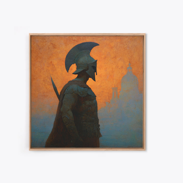Spartan Warrior Silhouette Canvas Print, Orange Ancient Cityscape, Greek Mythology Wall Art, Classical History Home Decor