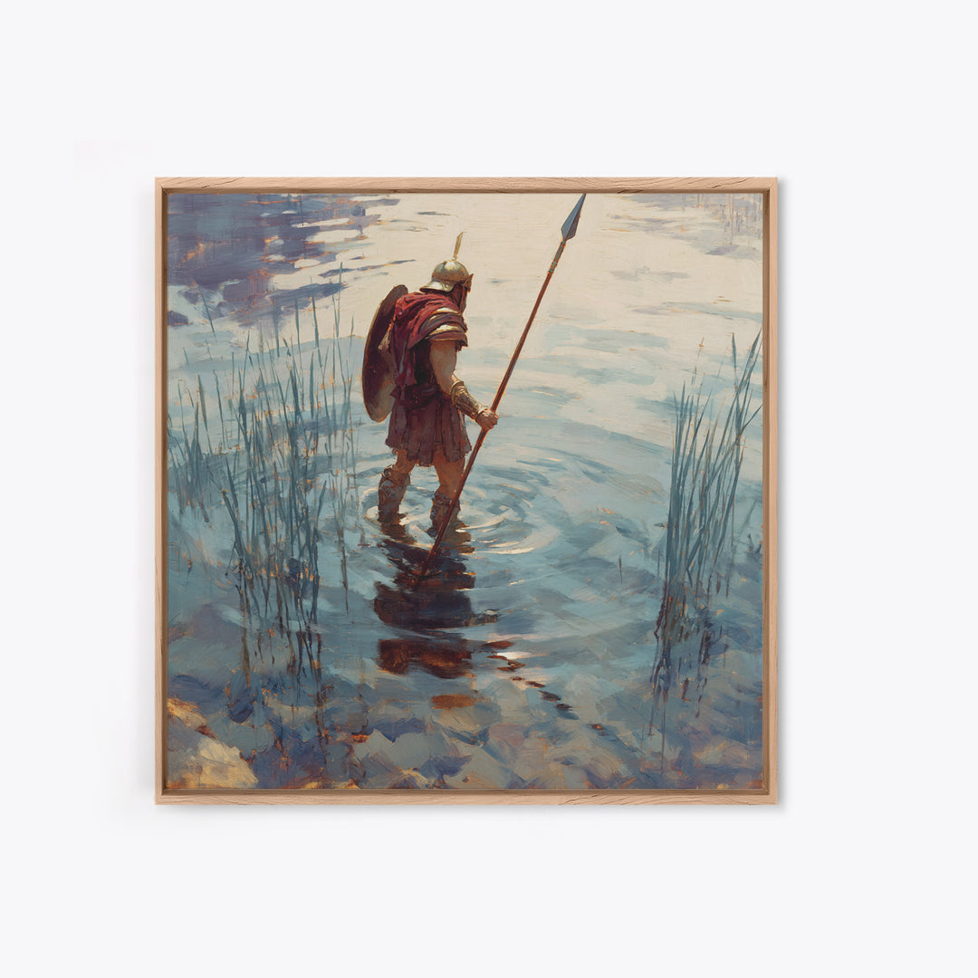 Solitary Warrior Wading Through Water Wall Art, Roman Spearman Landscape, Coastal Blue Canvas Print For Living Room Decor