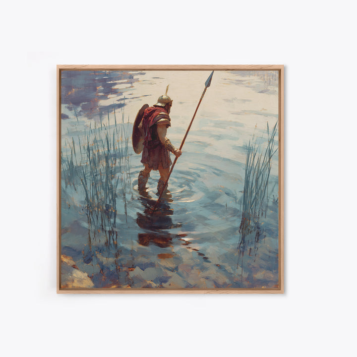 Solitary Warrior Wading Through Water Wall Art, Roman Spearman Landscape, Coastal Blue Canvas Print For Living Room Decor