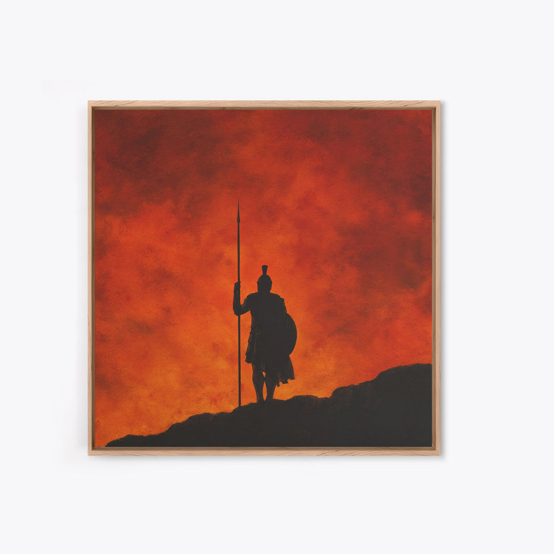 Spartan Silhouette With Spear At Red Sunset Framed Canvas Print, Greek Wall Art, Mythological Art, Dramatic Wall Decor, Gift For Him