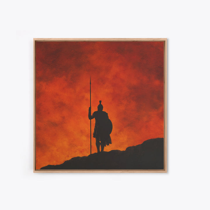Spartan Silhouette With Spear At Red Sunset Framed Canvas Print, Greek Wall Art, Mythological Art, Dramatic Wall Decor, Gift For Him