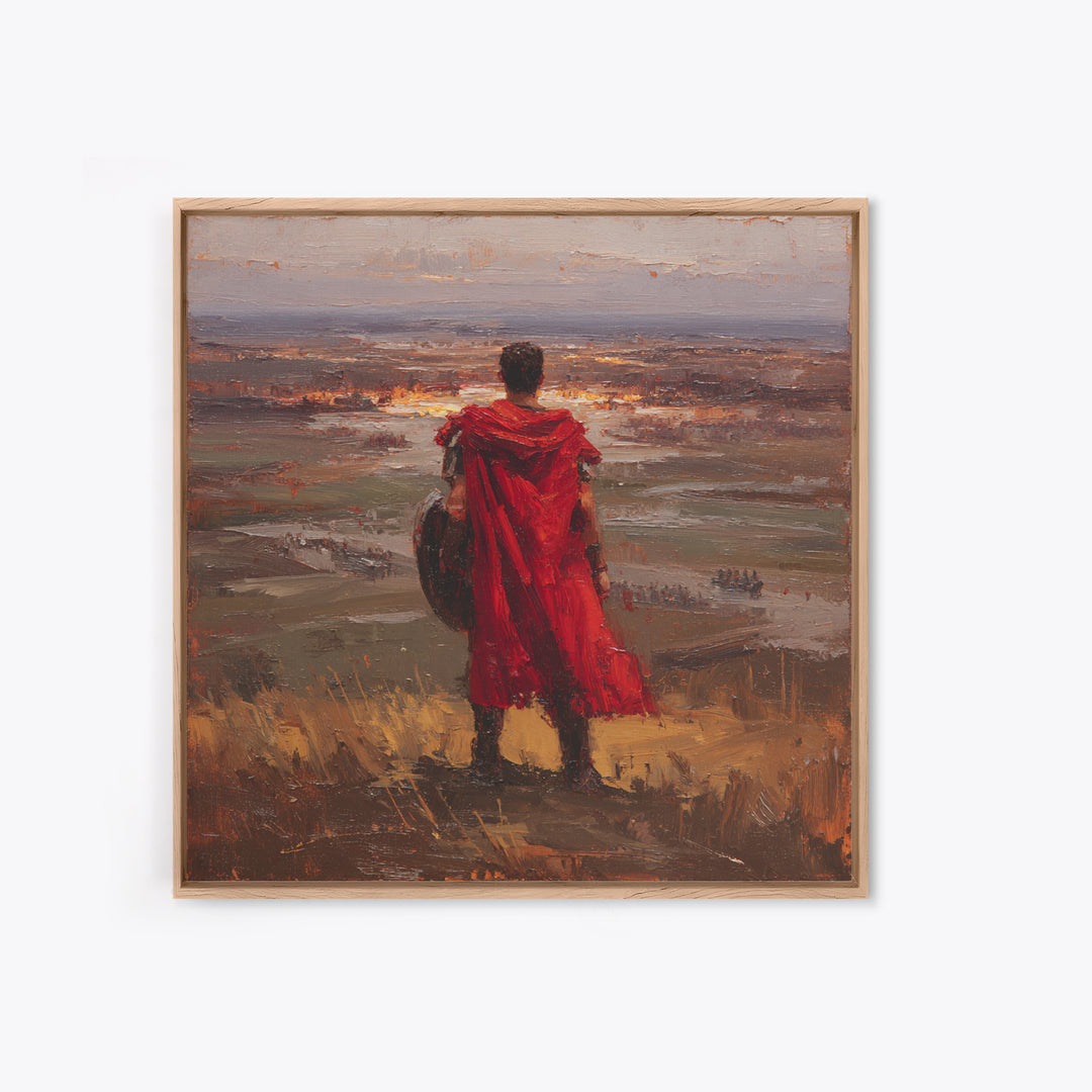 Roman Warrior In Red Cloak Wall Art, Epic Battlefield Oil Painting, Ancient History Decor, Masculine Office Art Print Gift