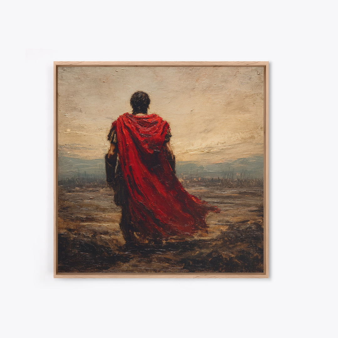 Red Cloaked Roman Warrior Framed Canvas Print, Ancient Battlefield Oil Painting, Classical Landscape Wall Art For Office