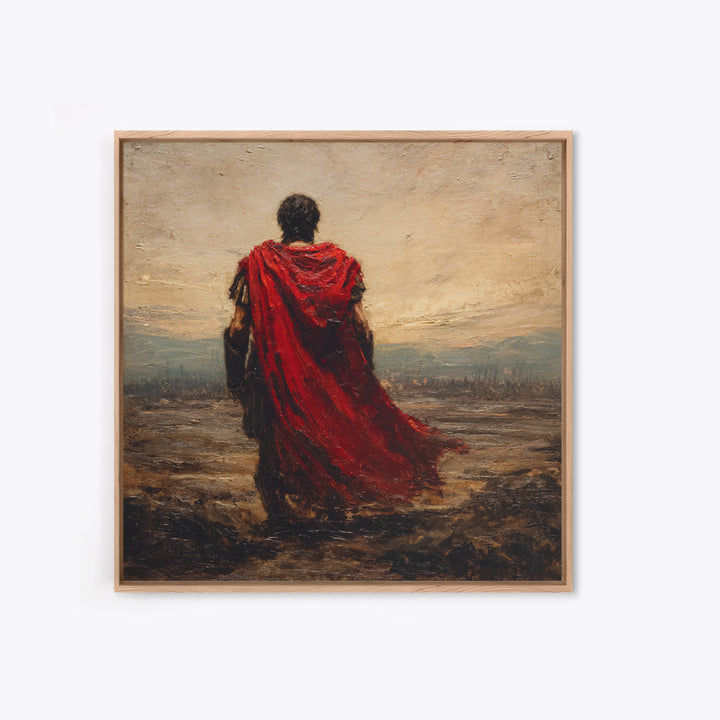 Red Cloaked Roman Warrior Framed Canvas Print, Ancient Battlefield Oil Painting, Classical Landscape Wall Art For Office