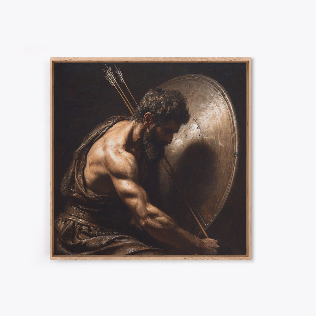 Bearded Warrior With Shield Wall Art, Classical Figurative Oil Painting, Dark Masculine Decor, Gift For Him, Office Decor