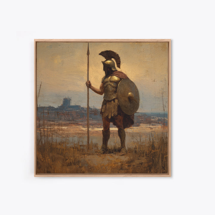 Spartan Guard With Spear And Shield Canvas Print, Greek Warrior Landscape, Ancient History Wall Decor, Masculine Office Art